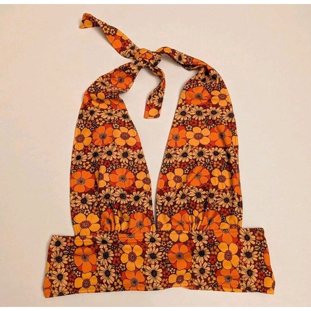 Floral Cropped Tie Halter Top Psychedelic Boho 70s Retro Hippie Gypsy Y2K Size S